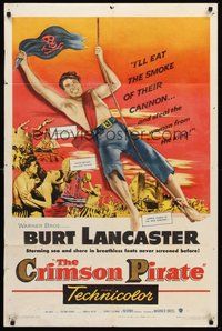 2p165 CRIMSON PIRATE 1sh '52 great image of barechested Burt Lancaster swinging on rope!