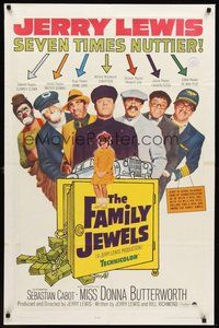 2p224 FAMILY JEWELS 1sh '65 Jerry Lewis is seven times nuttier in seven roles, wacky art!