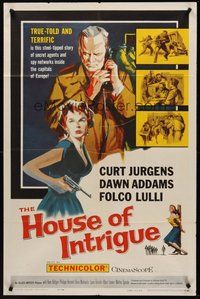 2p368 HOUSE OF INTRIGUE 1sh '59 full-length artwork of spies Curt Jurgens & Dawn Addams!