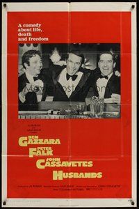 2p373 HUSBANDS 1sh '70 close up of Ben Gazzara, Peter Falk & John Cassavetes in tuxes at bar!