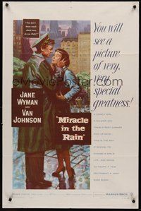 2p537 MIRACLE IN THE RAIN 1sh '56 great romantic art of Jane Wyman & Van Johnson!
