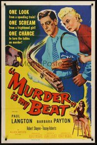 2p570 MURDER IS MY BEAT 1sh '55 Edgar Ulmer film noir, Barbara Payton, cool speeding train art!