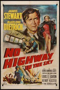 2p612 NO HIGHWAY IN THE SKY 1sh '51 art of James Stewart being restrained, sexy Marlene Dietrich!