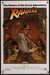 2p719 RAIDERS OF THE LOST ARK 1sh R82 great art of adventurer Harrison Ford by Richard Amsel!