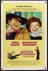 2p756 ROOSTER COGBURN 1sh '75 great art of John Wayne with eye patch & Katharine Hepburn!