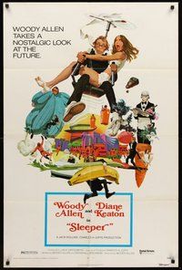 2p809 SLEEPER 1sh '74 Woody Allen, Diane Keaton, wacky futuristic sci-fi comedy art by McGinnis!
