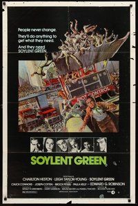 2p828 SOYLENT GREEN 1sh '73 art of Charlton Heston trying to escape riot control by John Solie!