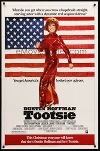 2p915 TOOTSIE advance 1sh '82 full-length Dustin Hoffman in drag by American flag!