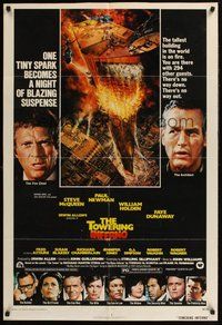 2p920 TOWERING INFERNO 1sh '74 Steve McQueen, Paul Newman, art of burning building by John Berkey!