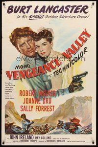 2p941 VENGEANCE VALLEY 1sh '51 art of Burt Lancaster holding Joanne Dru & pointing gun!