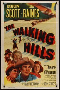 2p952 WALKING HILLS 1sh R55 Randolph Scott, Ella Raines, directed by John Sturges!