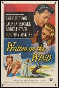 2p987 WRITTEN ON THE WIND 1sh '56 Brown art of sexy Lauren Bacall with Rock Hudson & Robert Stack!