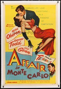 2s284 AFFAIR IN MONTE CARLO linen 1sh '53 art of sexy Merle Oberon embraced by Richard Todd!