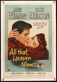 2s286 ALL THAT HEAVEN ALLOWS linen 1sh '55 close up romantic art of Rock Hudson kissing Jane Wyman!