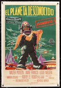 2s001 FORBIDDEN PLANET linen Argentinean '56 stone litho of Robby the Robot carrying Anne Francis!