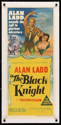 2s178 BLACK KNIGHT linen Aust daybill '54 stone litho of Alan Ladd & Patricia Medina!