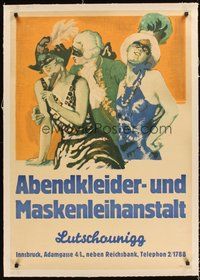 2s223 ABENDKLEIDER-UND MASKENLEIHANSTALT linen Austrian poster '20 cool masquerade party art!