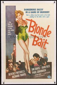 2s312 BLONDE BAIT linen 1sh R50s full-length sexy smoking bad girl Beverly Michaels is a silken trap!