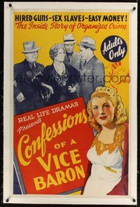 2s342 CONFESSIONS OF A VICE BARON linen 1sh '43 stone litho, hired guns, sex slaves & easy money!
