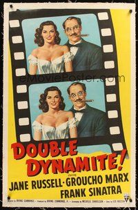 2s362 DOUBLE DYNAMITE linen 1sh '51 great artwork of Groucho Marx & sexy Jane Russell on film strip!