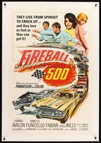 2s375 FIREBALL 500 linen 1sh '66 Frankie Avalon & sexy Annette Funicello, cool stock car racing art!