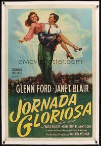 2s386 GALLANT JOURNEY linen Spanish/U.S. 1sh '46 art of Glenn Ford carrying sexy Janet Blair!