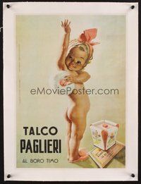2s237 TALCO PAGLIERI linen Italian 14x19 poster '50 Boccasille art of baby applying talcum powder!