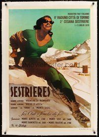 2s211 SESTRIERES linen Italian travel poster '78 art of sexy female skier by Gino Boccasile!