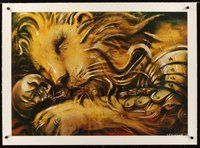 2s216 CYRK LEW-GLADIATOR linen Polish circus poster '77 wild art of lion & skull by Czerniawski!