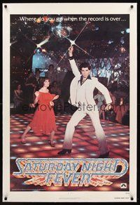 2s525 SATURDAY NIGHT FEVER linen teaser 1sh '77 disco dancers John Travolta & Karen Lynn Gorney!