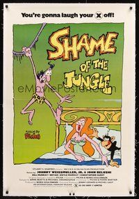 2s534 SHAME OF THE JUNGLE linen 1sh '78 sexy Tarzan spoof, wacky cartoon artwork!