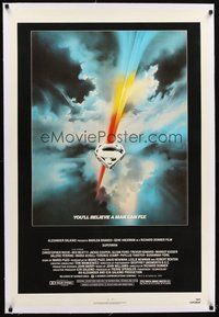 2s550 SUPERMAN linen 1sh '78 comic book hero Christopher Reeve, Bob Peak title artwork!