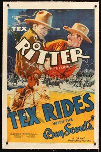 2s562 TEX RIDES WITH THE BOY SCOUTS linen 1sh '37 cool art of Tex Ritter & his horse White Flash!