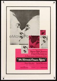2s564 THOMAS CROWN AFFAIR linen 1sh '68 best kiss close up of Steve McQueen & sexy Faye Dunaway!