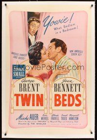 2s578 TWIN BEDS linen 1sh '42 wacky artwork of George Brent, Joan Bennett & Mischa Auer!