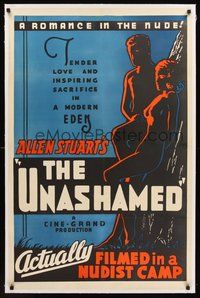 2s579 UNASHAMED linen 1sh '38 great naked silhouette art, actually filmed in a nudist camp!