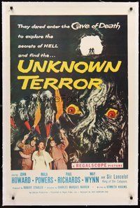 2s583 UNKNOWN TERROR linen 1sh '57 they dared enter the Cave of Death to explore secrets of HELL!