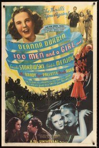 2t040 100 MEN & A GIRL 1sh '37 beautiful Deanna Durbin with Leopold Stokowski & Adolphe Menjou!