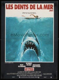 2t509 JAWS French 15x21 '75 art of Steven Spielberg's classic man-eating shark attacking swimmer!