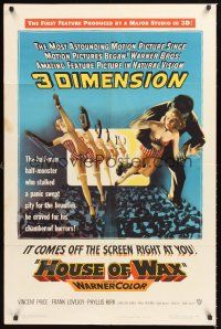 2t027 HOUSE OF WAX 1sh '53 cool 3-D artwork of monster & sexy girls kicking off the movie screen!