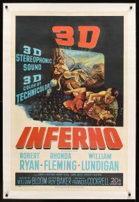 2t007 INFERNO linen 1sh '53 cool 3-D image of Robert Ryan & Rhonda Fleming over audience!