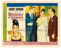 2t114 BREAKFAST AT TIFFANY'S LC #5 '61 elegant Audrey Hepburn between Peppard & Balsam at party!