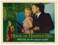 2t132 HOUSE ON HAUNTED HILL LC #1 '59 close up of Vincent Price holding girl & gun!