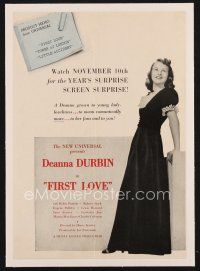 2t188 FIRST LOVE linen trade ad '39 wonderful full-length image of pretty Deanna Durbin!