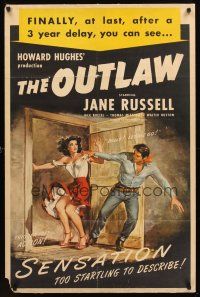 2t249 OUTLAW 1sh R50 artwork of sexy Jane Russell & Jack Buetel, Howard Hughes!