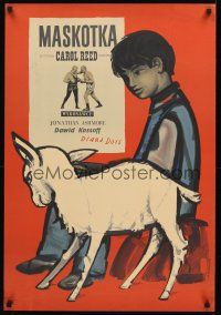2t434 KID FOR TWO FARTHINGS Polish 23x33 '58 Jaworowski art of child playing with baby goat!