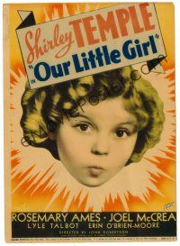 2t182 OUR LITTLE GIRL mini WC '35 great headshot of cute Shirley Temple with puckered lips!