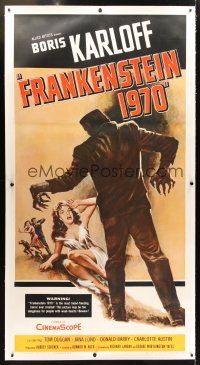 2w279 FRANKENSTEIN 1970 linen 3sh '58 Boris Karloff, great artwork of monster attacking sexy girl!