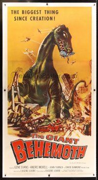 2w280 GIANT BEHEMOTH linen 3sh '59 cool art of massive brontosaurus dinosaur monster smashing city!