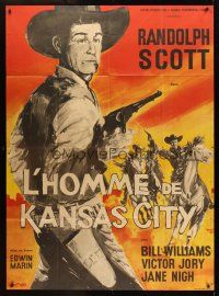 2w130 FIGHTING MAN OF THE PLAINS French 1p R67 different art of Randolph Scott w/gun by Metayer!